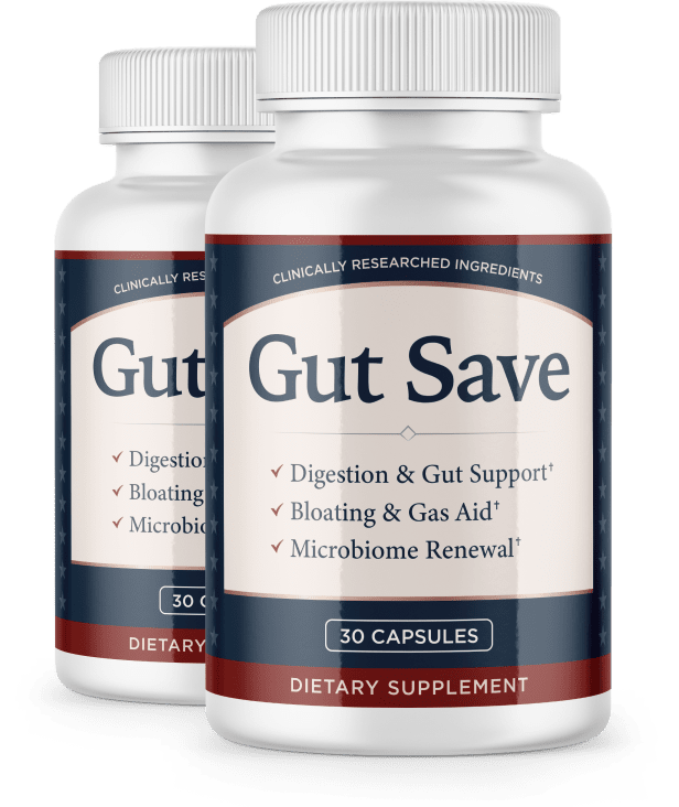 Two bottles of Gut Save Capsules dietary supplement, 30 capsules each